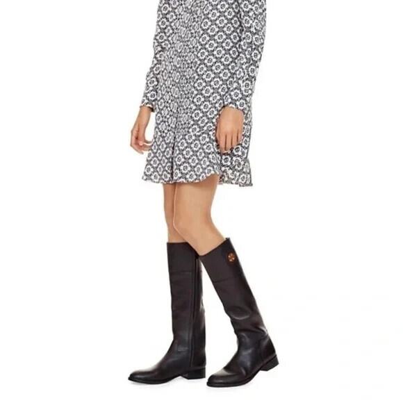 Tory Burch Junction Riding Boot Black Tall Leather Logo Round Toe Classi… - Picture 1 of 13